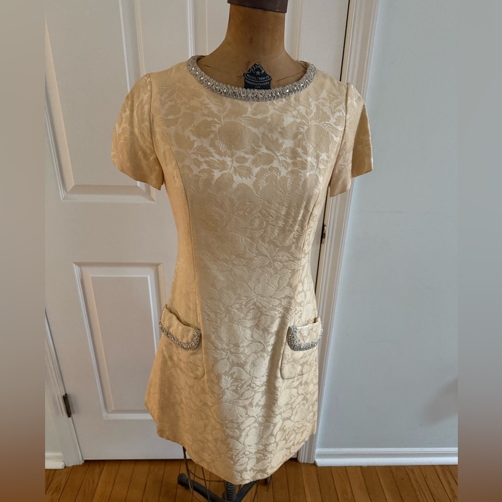 Vintage Leslie Fay Original Cream Mini Dress with Silver Accents
